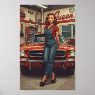 A bold retro pin-up illustration featuring a greas poster