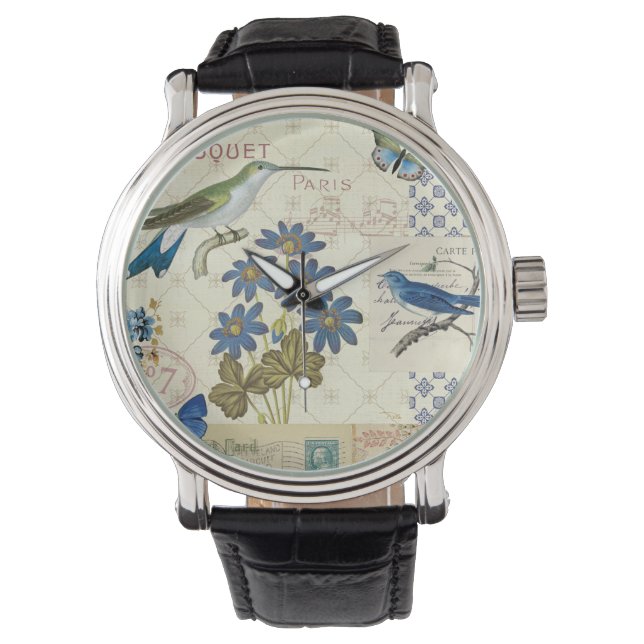 A Bouquet of Blue Flowers, Birds and Butterflies Armbanduhr (Vorderseite)