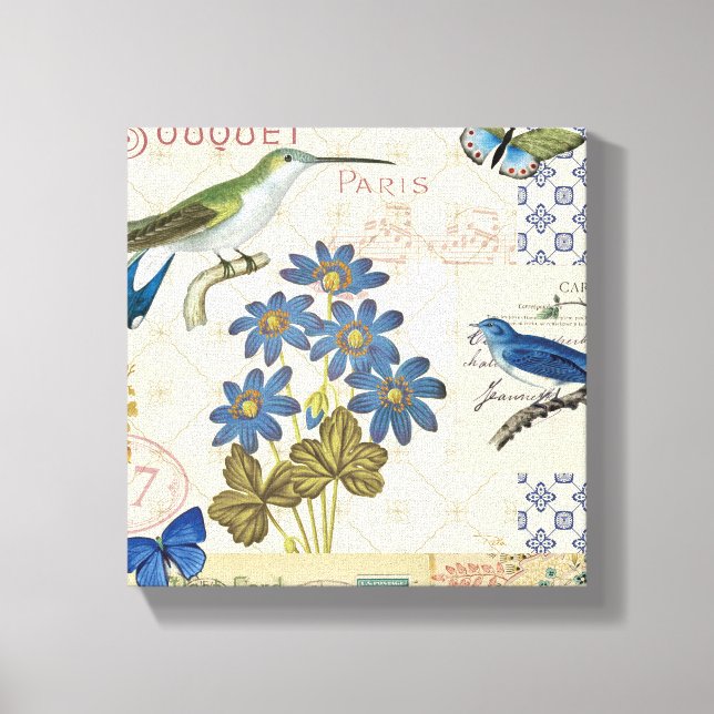A Bouquet of Blue Flowers, Birds and Butterflies Leinwanddruck (Vorderseite)