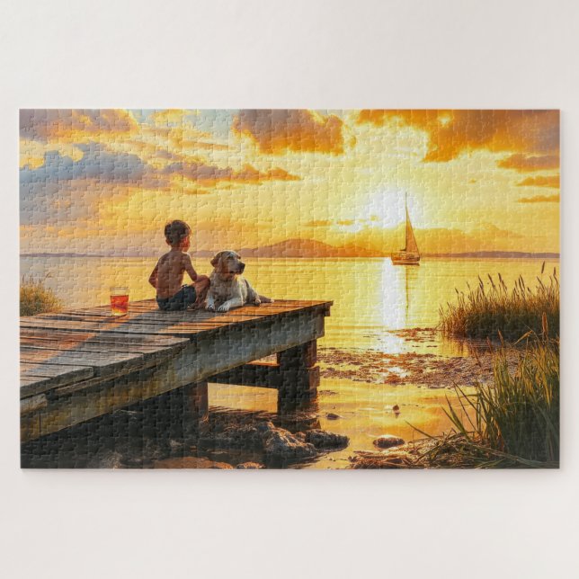 A boy and his dog at the lake at sunset (Horizontal)