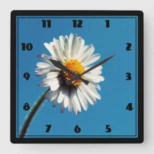 A Bright White Daisy under a Big Blue Sky Quadratische Wanduhr