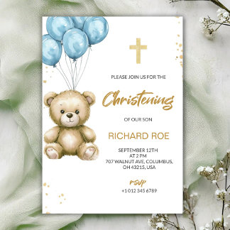 A christening Invitation features a teddy bear