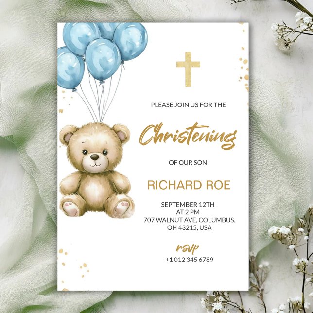 A christening Invitation features a teddy bear Einladung (Von Creator hochgeladen)