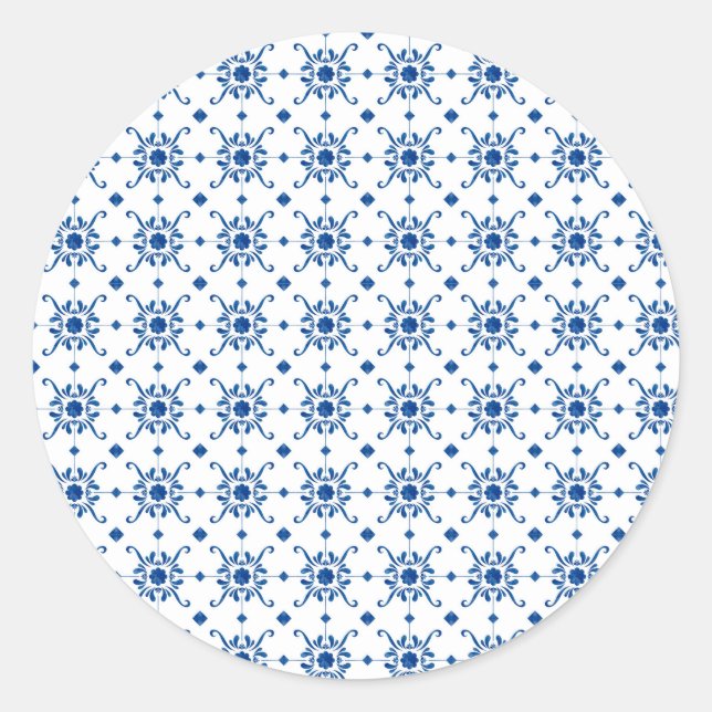 A circular sticker features a repeating blue  (Devant)