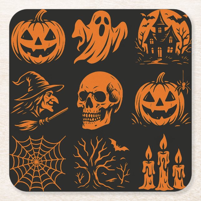 A coaster with various Halloween-themed images Rechteckiger Pappuntersetzer (Vorderseite)