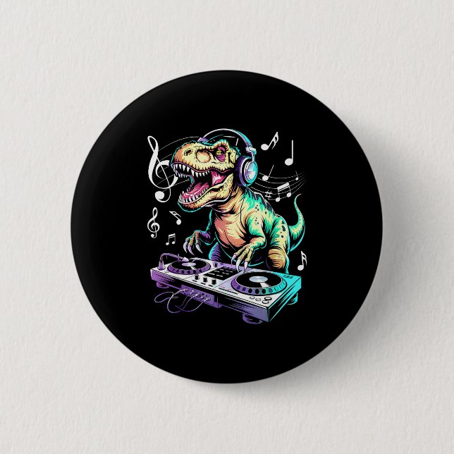 A Cute T-rex Playing Electronic Music Funny Dj Din Button (Vorderseite)