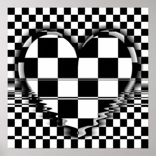 à damiers coeur Op art noir et blanc affiche