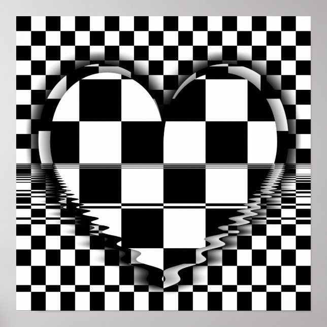 à damiers coeur Op art noir et blanc affiche (Devant)