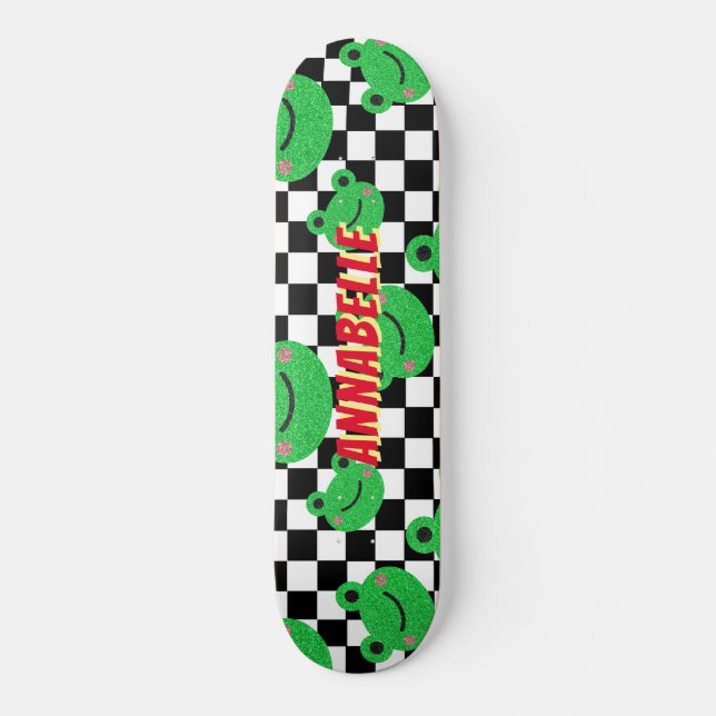 à damiers Frog Nom personnalisé Skateboard (Recto)