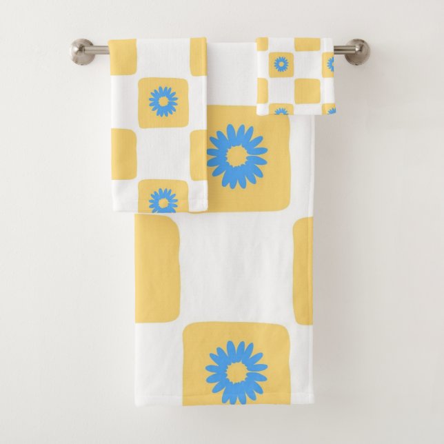 À damiers Jaune Blanc Avec Motif Fleur Bleu (En situation)