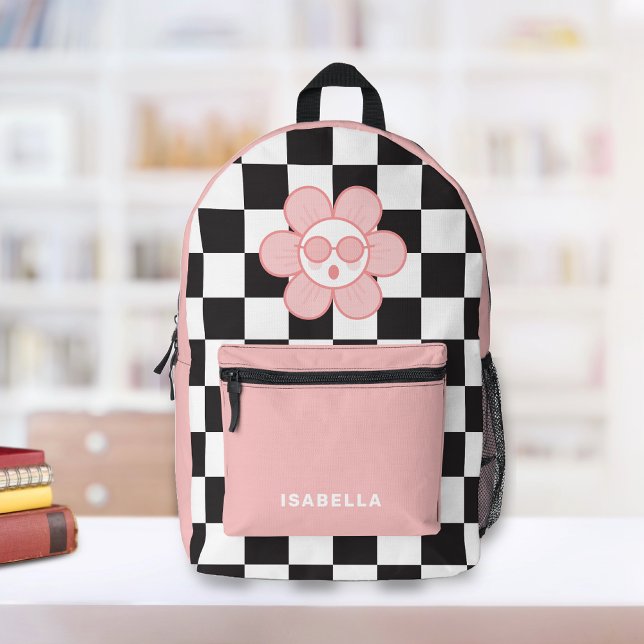 à damiers sac à dos de l'école pour filles (Trendy Checkered Personalized Backpack. Pink cool Daisy with black and white checkers. )
