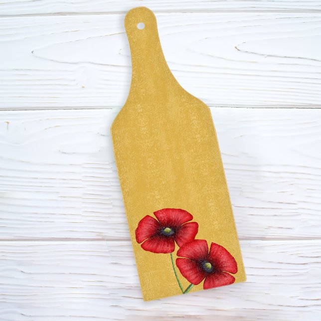 À Découper Rouge Fleurs de pavot Jaune Paddle Planche (A bright mustard yellow paddle cutting board with two poppy flowers. Pop it in your basket!)
