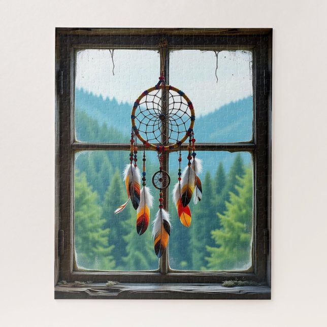 A Dreamcatcher in a Window overlooking Mountains (Vertikal)