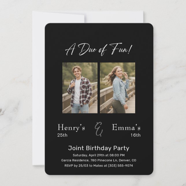A Duo of Fun Photo Joint Double Birthday Party Einladung (Vorderseite)