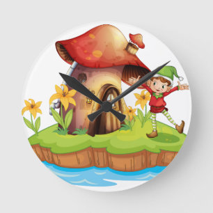 A dwarf outside a mushroom house runde wanduhr