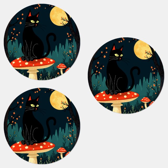 A Familiar Black Cat And Toadstools Halloween 3 Etiketten (Gruppe)