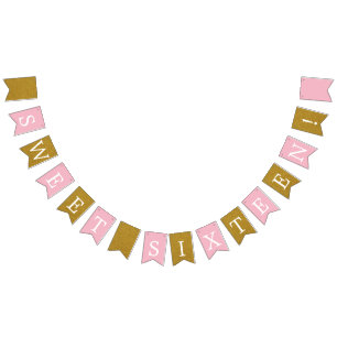 À Fanions Bannière d'anniversaire Sweet 16 Gold et Rose