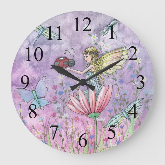 A Friendly Encounter Fairy and Ladybug Clock Große Wanduhr (Vorderseite)