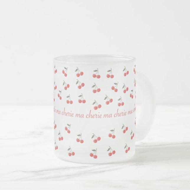 A frosted glass mug with cherry pattern  mattglastasse (VorderseiteRechts)