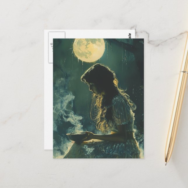 A Full Moon Spell Woman With Incense Postkarte (Vorderseite/Rückseite Beispiel)
