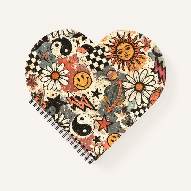 A fun retro 90s pattern featuring cheerful happy f notizbuch (Vorderseite)