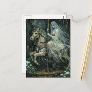 A Ghost Woman on Abandoned Carousel Horse Postkarte