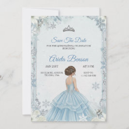 A girl in a blue ball gown in a floral quinceanera einladung