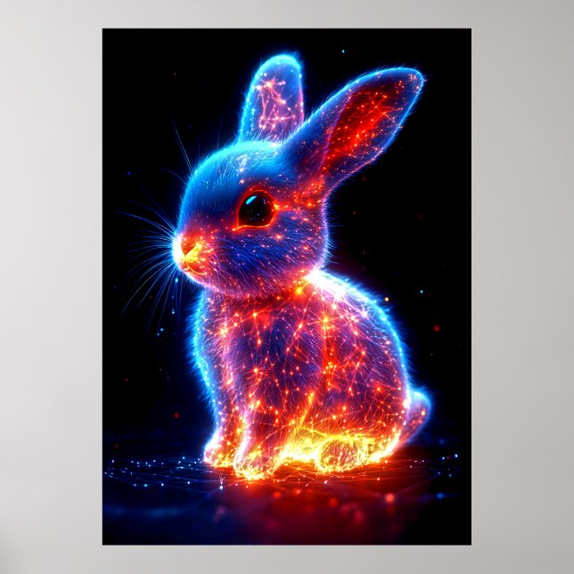A glowing rabbit is depicted with vibrant blue and poster (Vorne)