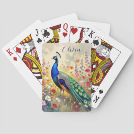 A Green and Blue Peacock in Flowers Personalized Spielkarten