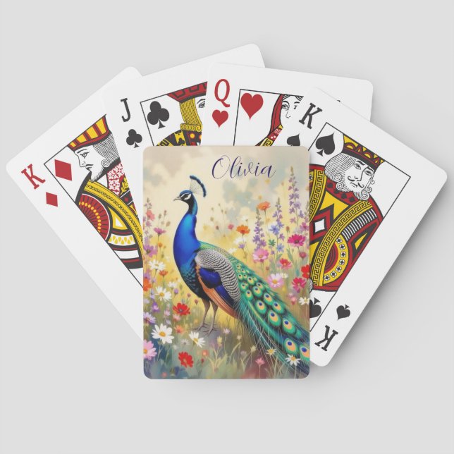 A Green and Blue Peacock in Flowers Personalized Spielkarten (Rückseite)