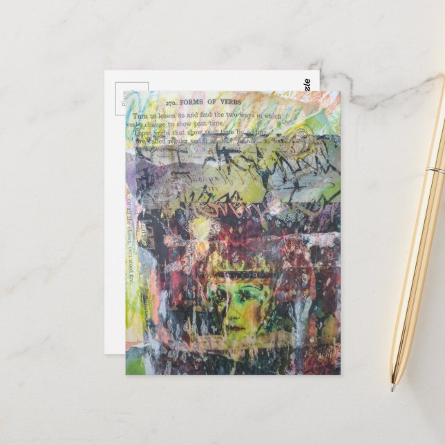 A grungy face verbs mixed media collage postkarte (Vorderseite/Rückseite Beispiel)