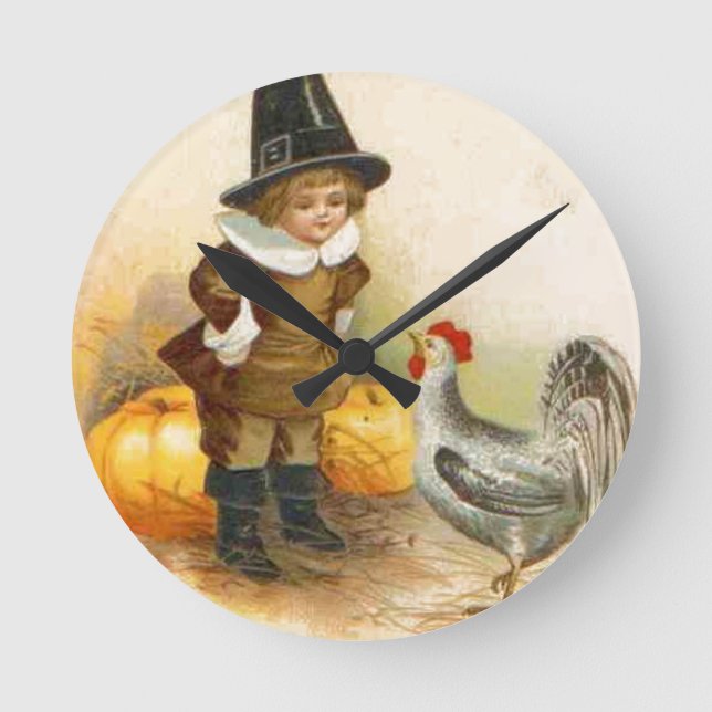 A Happy Thanksgiving Pilgrim and Plymouth Rock Runde Wanduhr (Vorderseite)