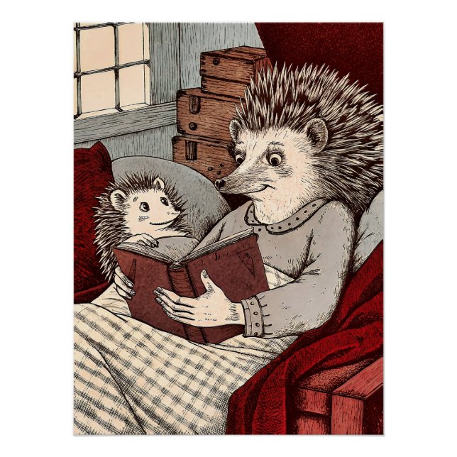 A hedgehog in a blanket reading a book to a young poster (Vorderseite)