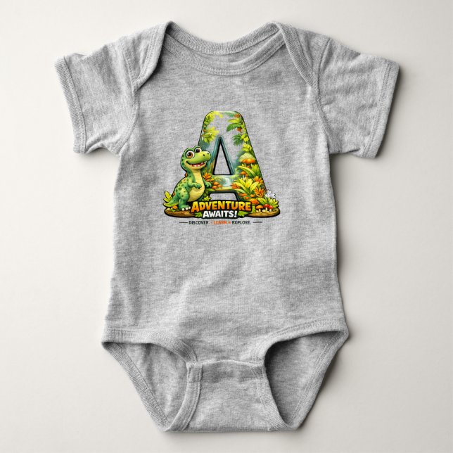 🦖🌿 “A is for Adventure” Baby Jersey Bodysuit 👶✨ Strampler (Vorderseite)