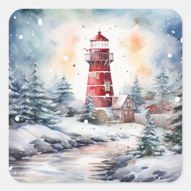 A Lighthouse in Winter Quadratischer Aufkleber (Vorderseite)