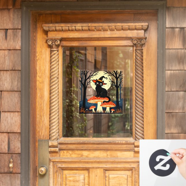 A Little Black Witchy Cat Sitting On A Toadstool 1 Fensteraufkleber (Haustür)