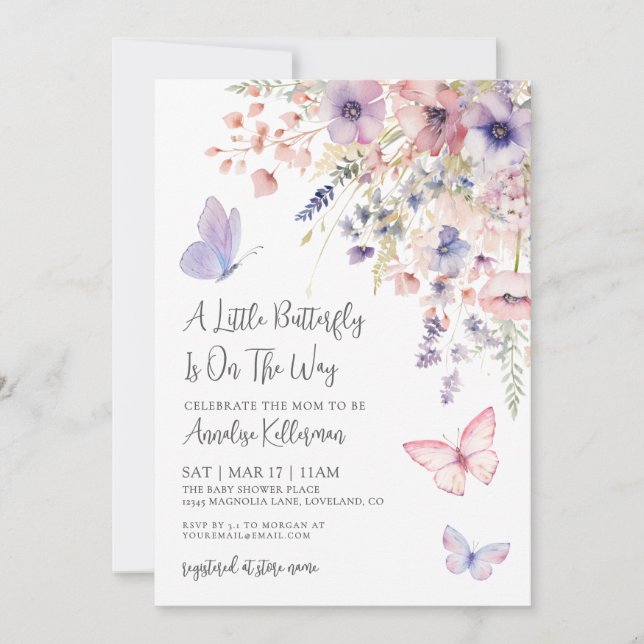 A Little Butterfly Wildflower Baby Shower Einladung (Vorderseite)