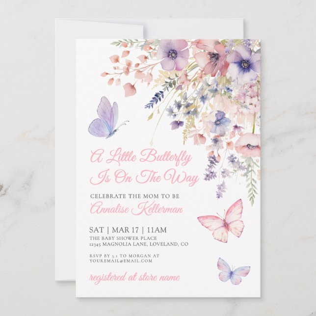 A Little Butterfly Wildflower Baby Shower Einladung (Vorderseite)