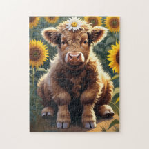 A little cow in a sunflower field