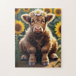 A little cow in a sunflower field