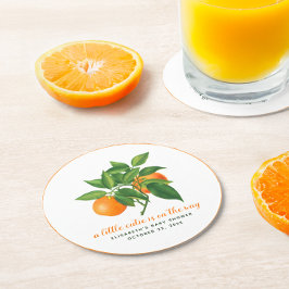 A Little Cutie Baby Shower Orange & Citrus Leaves Runder Pappuntersetzer