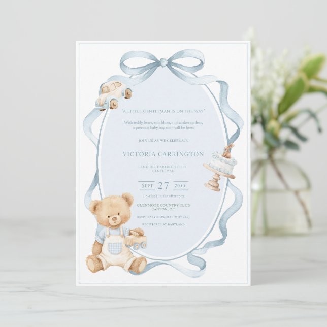 A Little Gentleman Blue Boy Bear Baby  Einladung (Stehend Vorderseite)