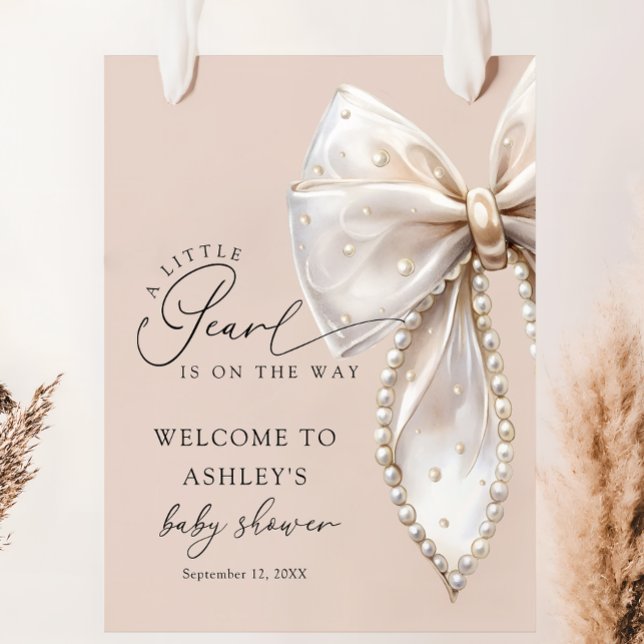 A Little Pearl Beige Bow Baby Shower Welcome  Poster (Von Creator hochgeladen)