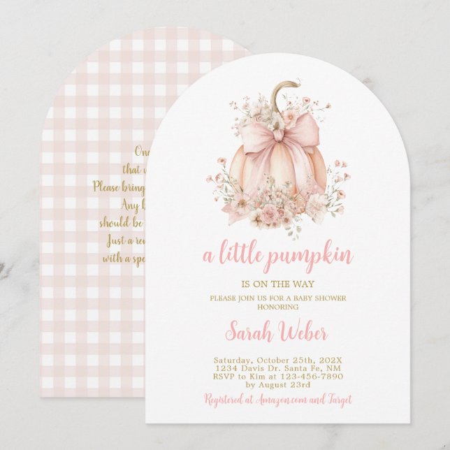 A little pumpkin gingham fall baby shower girl einladung (Vorne/Hinten)