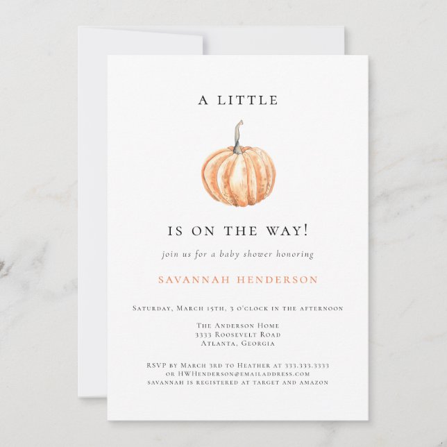 A Little Pumpkin Is On The Way Baby Shower Einladung (Vorderseite)