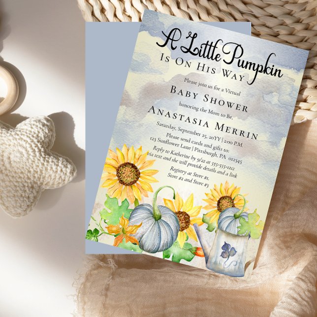 A Little Pumpkin | Sunflowers Virtual Baby Shower  Einladung ("A Little Pumpkin Is On His Way" Blue Pumpkins and Sunflowers Virtual Baby Shower Invitation)