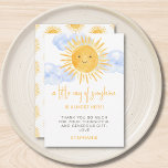 A Little Ray of Sunshine Clouds Baby Shower Dankeskarte<br><div class="desc">Are you planning a sun-themed baby shower? This cute sunshine baby shower thank you card features the text "A little ray of sunshine is almost here!" with a watercolor smiling yellow sun and clouds. The back is decorated with a sun pattern. Perfect for a gender-neutral baby shower. Easily customizable. Original...</div>