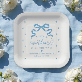 A Little Sweetheart Blue Bow Baby Shower Pappteller