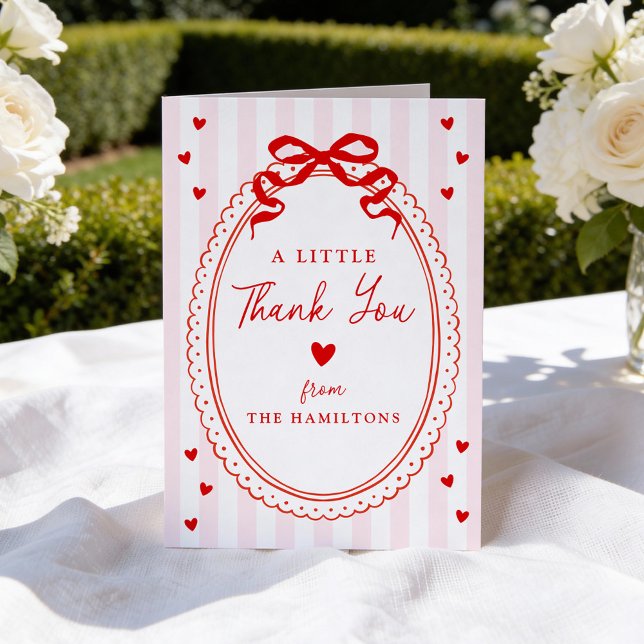 A Little Sweetheart Pink and Red Bow Baby Shower Dankeskarte (Von Creator hochgeladen)