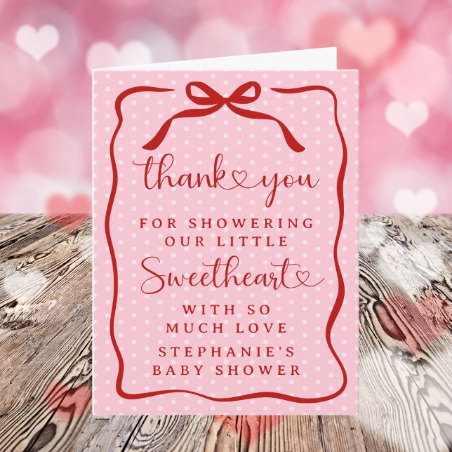 A Little Sweetheart Pink Red Bow Girl Baby Shower Dankeskarte (Von Creator hochgeladen)